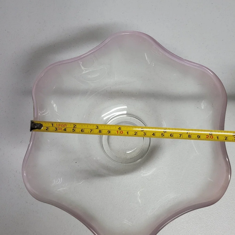 Vintage Hand Blown Clear Glass Ruffle Bowl with Pink Rim Edge 10 Inch